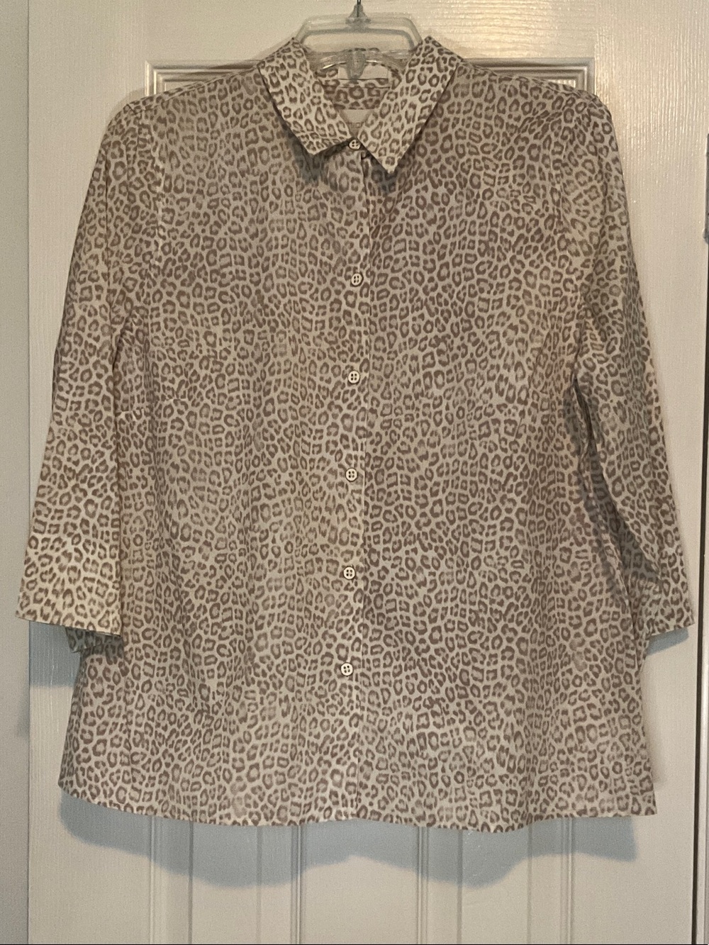 Chico's No-Iron Beige and Cream Leopard Print Button-Down Shirt